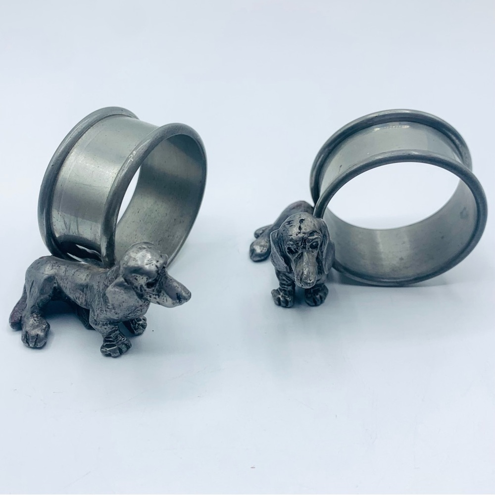 Vintage Pewter Dachshund Figural Napkin Rings Set of 2 Heavy Dog Decor 70's - Picture 15 of 15